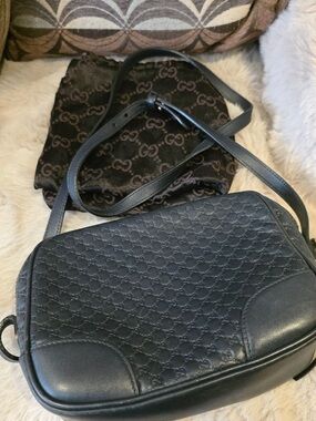 Gucci Navy Blue Embossed Leather Crossbody Camera Bag